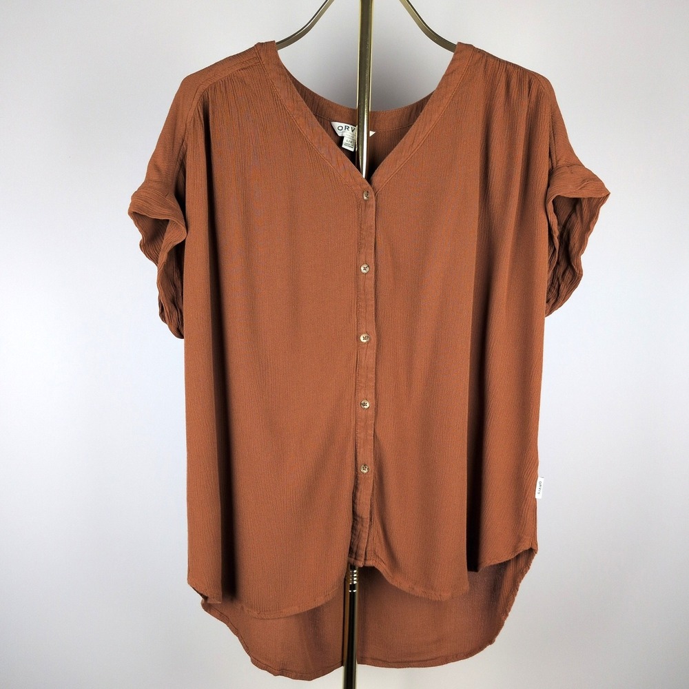 Orvis Button Down Women's L Rust Textured Rayon Flutter Cap Sleeve Boho Blouse